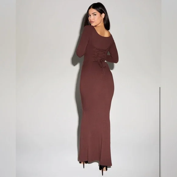 TA3 Brown Scoopy Long Sleeve Dress - Picture 4 of 5